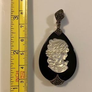 Ladies, very beautiful, black onyx cameo sterling, silver pendant, marked 925